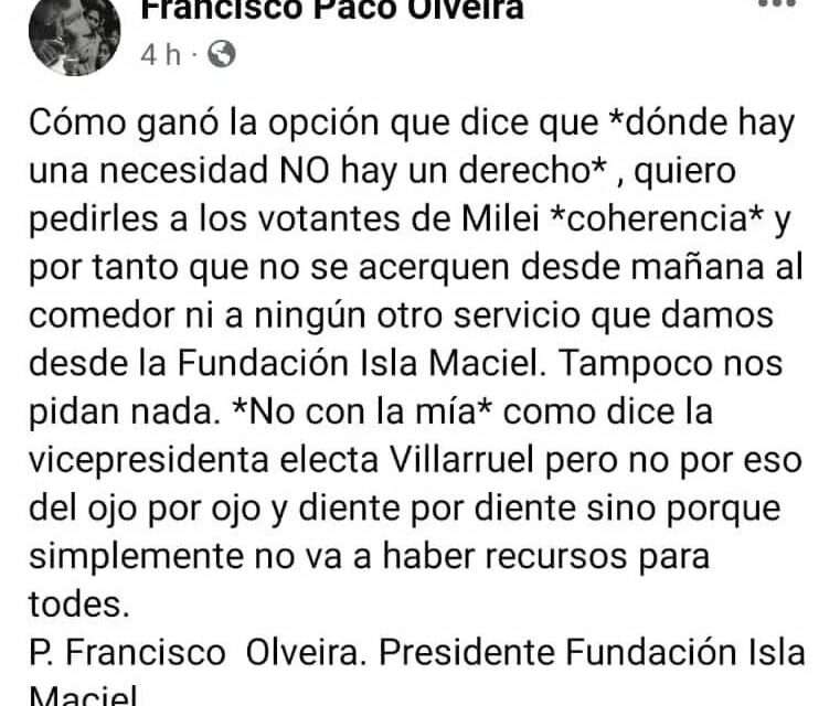 El Padre “Paco” Oliveira le pidió “coherencia” a los votantes de Milei