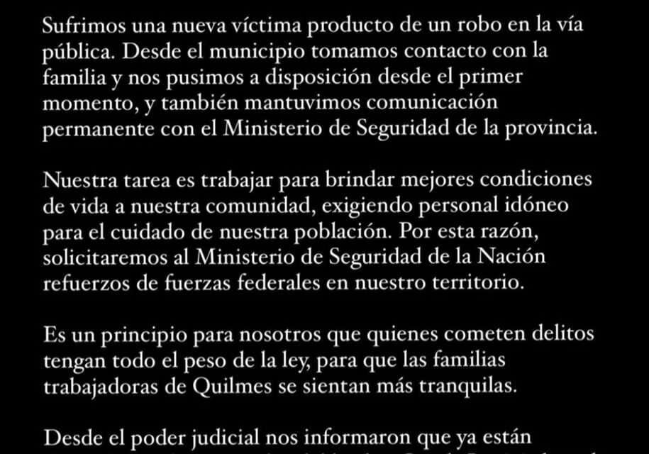 La Intendenta de Quilmes se refirió al crimen del hombre que intentaron robarle su moto en Calchaquí