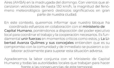 El bloque libertario de Quilmes anunció que busca ser el nexo entre el Ministerio de Capital Humano y el Municipio para solucionar lo que dejó la tormenta