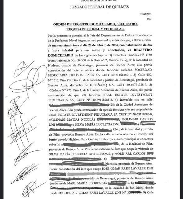 Hudson Park: Por primera vez el documento de los allanados; desde Molinari y Fassi Lavalle hasta la esposa del empresario suicidado, Marcelo Suárez