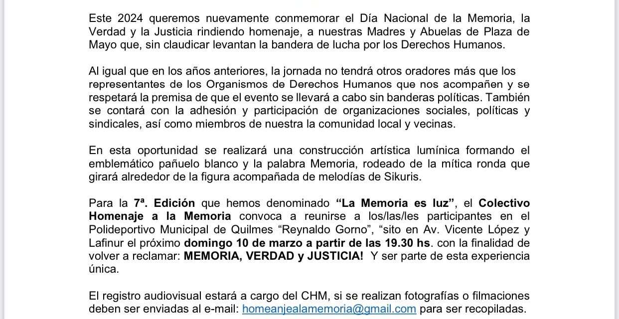 Colectivo Homenaje a la Memoria Quilmes: Cumbre en el Polideportivo el domingo 10