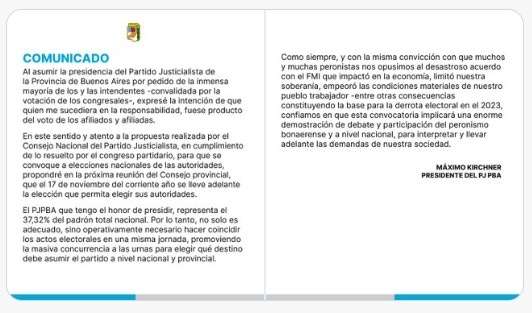 Máximo Kirchner convocó a elecciones en el PJ Bonaerense para el 17/11