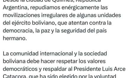 Mensaje desde Quilmes repudiando "atentado contra la democracia en Bolivia"