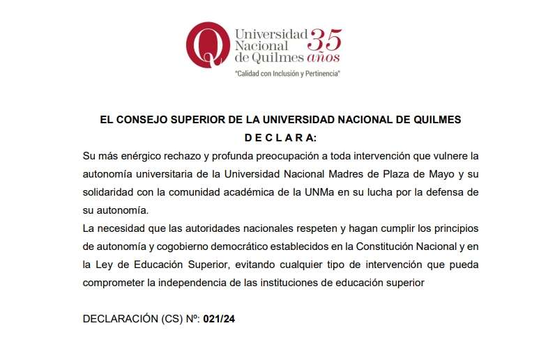 La Universidad de Quilmes rechazó a la intervención de su par de las Madres