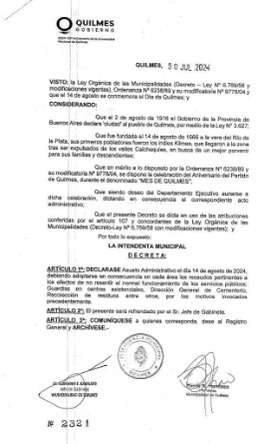 Asueto administrativo para el Día de Quilmes