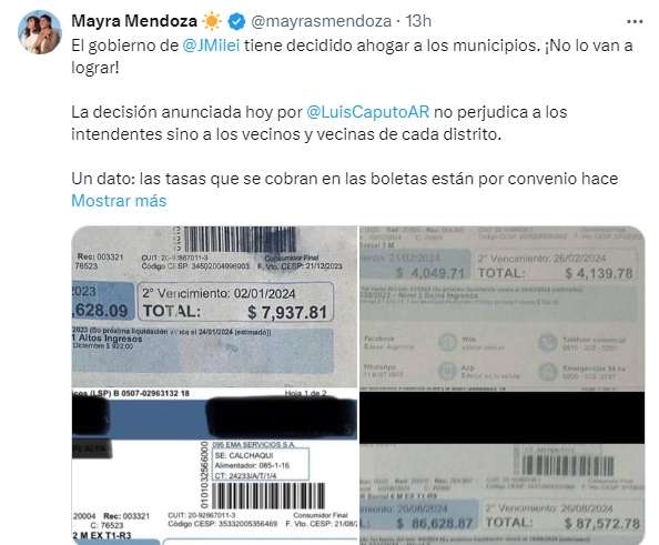 Por las Tasas, Mayra Mendoza volvió a cruzar a'Toto'  Caputo en redes sociales