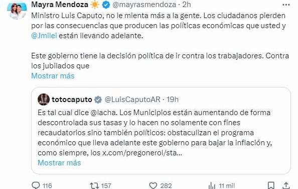 Mayra cruzó en redes a Caputo por las Tasas a los Hipermercados: "No mienta más, son sus políticas económicas las que van en contra de la gente"