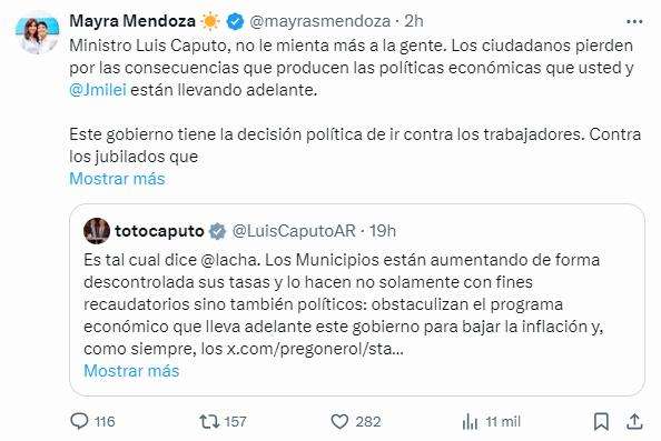 Mayra cruzó en redes a Caputo por las Tasas a los Hipermercados: "No mienta más, son sus políticas económicas las que van en contra de la gente"