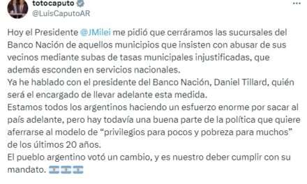 Enojado, el ministro Caputo amenaza con cerrar sucursales del Banco Nación en municipios que cobren tasas “injustificadas”