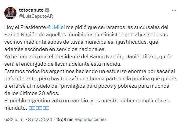 Enojado, el ministro Caputo amenaza con cerrar sucursales del Banco Nación en municipios que cobren tasas “injustificadas”