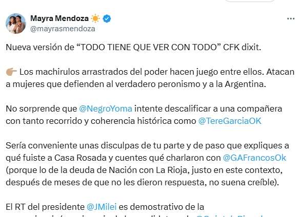 Mayra le mete condimento a la interna peronista: “Nueva versión de “TODO TIENE QUE VER CON TODO” CFK dixit.”