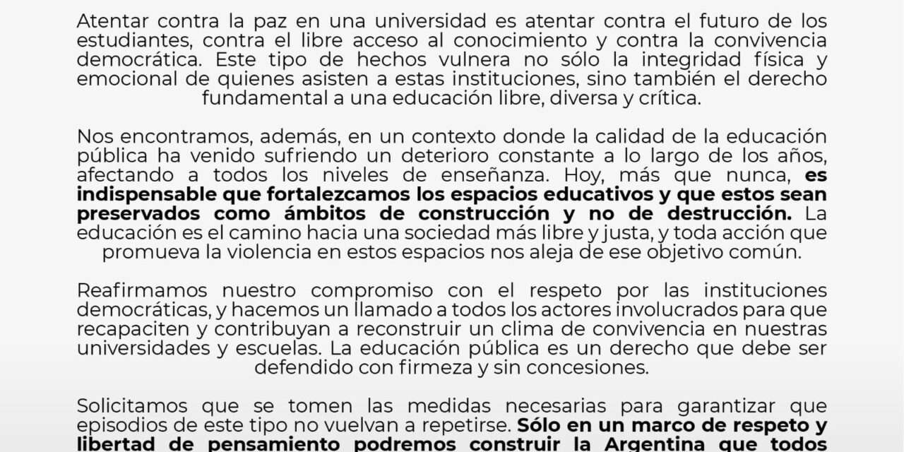 Juntos-PRO de Quilmes repudió los hechos de violencia en la UNQ