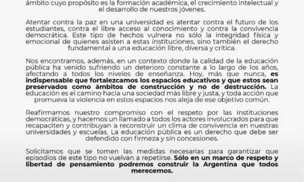 Juntos-PRO de Quilmes repudió los hechos de violencia en la UNQ