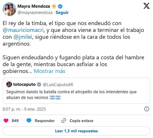 Mayra cruzó a Caputo por la Tasa de Combustible: "El endeudador, rey de la timba busca asfixiar a los gobiernos locales"