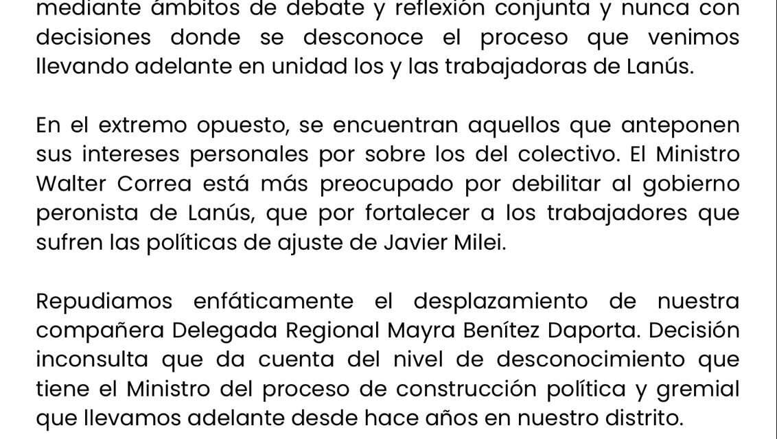 Lanús: Duro comunicado de las centrales obreras contra el ministro Correa que eleva la tensión