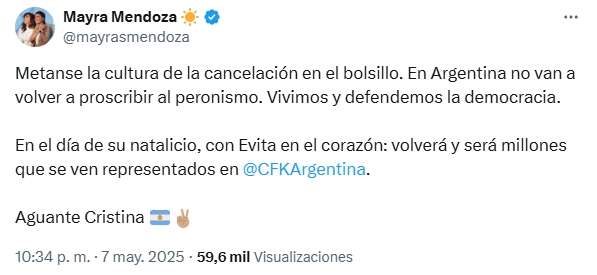 Mayra Mendoza: "En Argentina no van a volver a proscribir al peronismo"