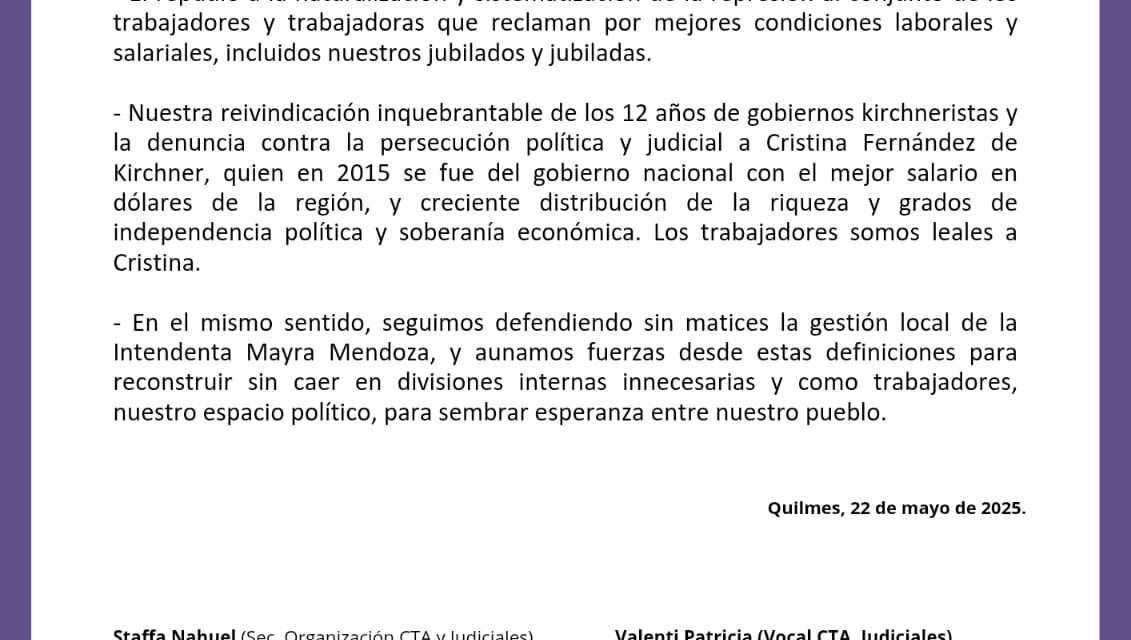 Comunicado: Sindicatos y agrupaciones de la CTA Quilmes salieron fuertes contra Milei