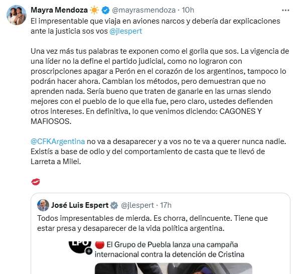 Mayra bancó a CFK y trató a Espert de “cagón” y “mafioso que viaja en aviones narcos"