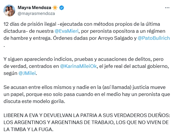 Lejos de amilanarse, Mayra redobló la apuesta y reclamó la libertad de Eva Mieri