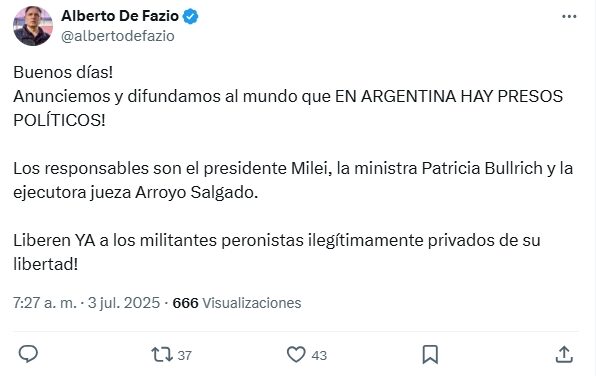 "Difundamos al mundo que en Argentina hay presos políticos"