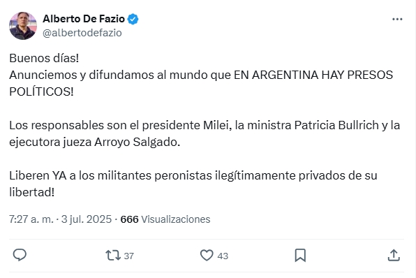 "Difundamos al mundo que en Argentina hay presos políticos"
