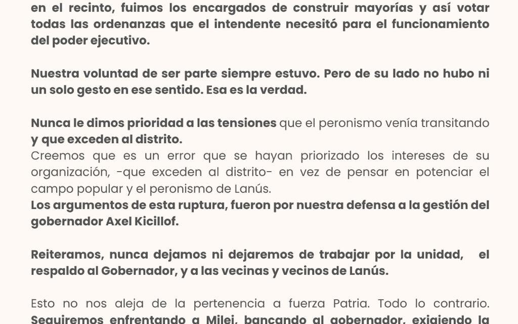 Balladares blanqueó la “ruptura” del frente político-electoral en Lanús