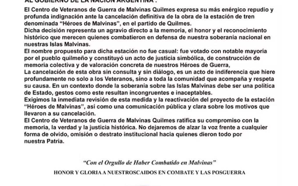 Indignación de los Veteranos de Quilmes por la cancelación de la estación “Héroes de Malvinas”