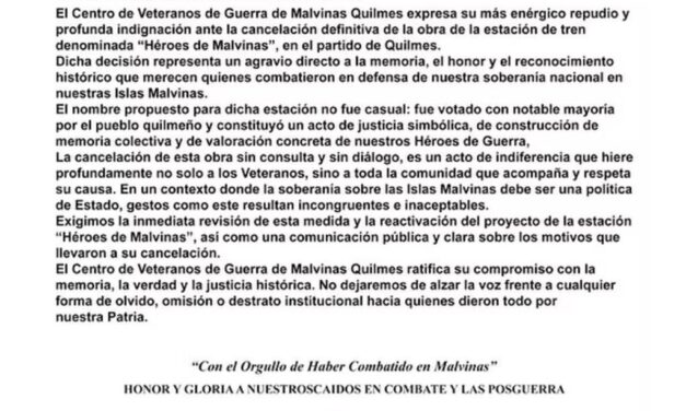 Indignación de los Veteranos de Quilmes por la cancelación de la estación “Héroes de Malvinas”