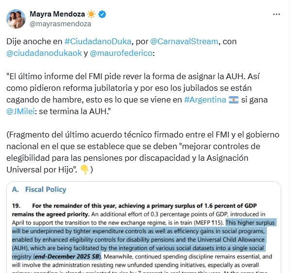 Mayra Mendoza asegura que "si gana Milei se termina la AUH"