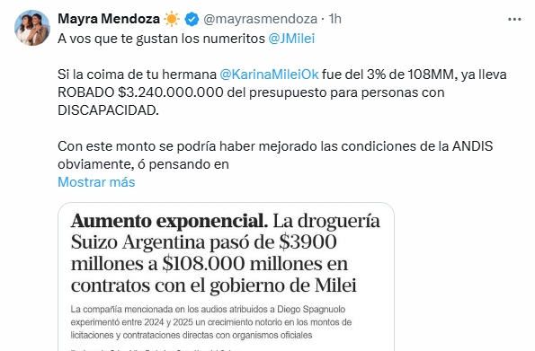 En redes, otra vez, Mayra Mendoza cruzó a los hermanos Milei, ahora por las obras desfinanciadas