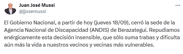 Mussi repudió el cierre de ANDIS Berazategui