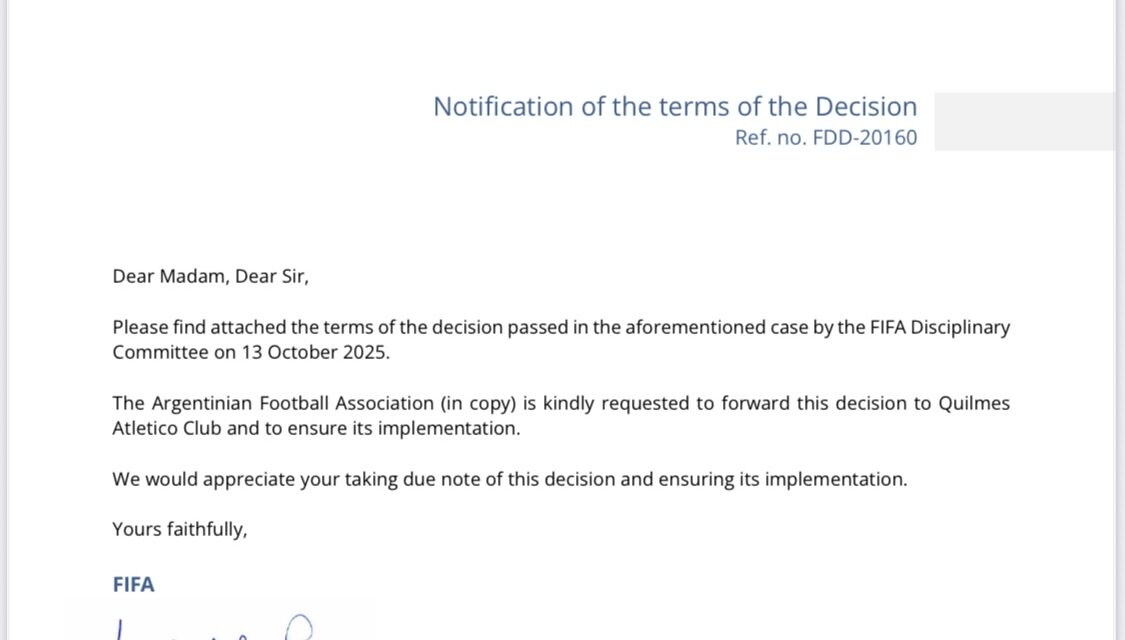 FIFA SANCIONA A QUILMES CON PROHIBICIÓN DE FICHAJES POR INCUMPLIMIENTO