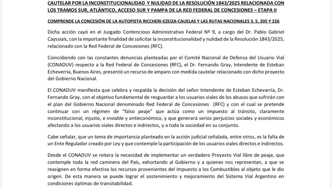Intendente de Esteban Echeverría presenta amparo contra la resolución de la Concesión de Rutas Nacionales