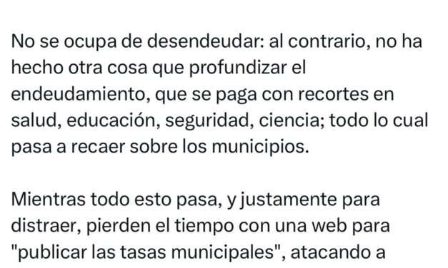 Mayra Mendoza cruzó a Caputo por el portal de Transparencia Tributaria Municipal: "Endeuda y recorta y ataca a quienes contienen en el territorio sus desastres"