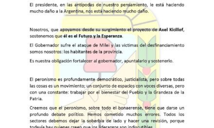 Comunicado del kicillofistas quilmeños convocando a sumarse, a debatir internamente y también con dardos a Milei