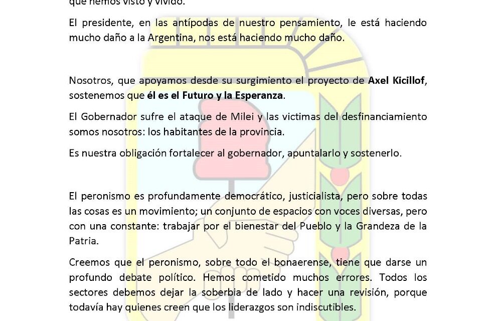 Comunicado del kicillofistas quilmeños convocando a sumarse, a debatir internamente y también con dardos a Milei
