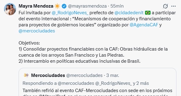 Mayra se va a Brasil donde participará del encuentro CAF - Mercociudades