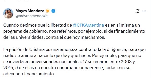 Mayra Mendoza reclamó por “Cristina Libre" y "por una educación universitaria pública, gratuita y de calidad”