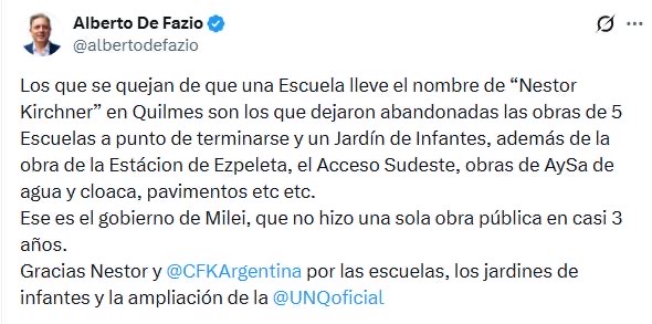 Con hechos, De Fazio puso en su lugar a quienes se “quejan” porque una escuela quilmeña sea rebautizada con el nombre de Néstor Kirchner