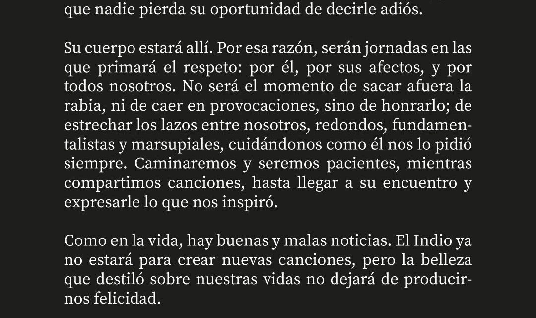 La familia del Indio: "La despedida va a durar lo que sea necesario, nadie se apure, todos van a despedirlo. Cuidemonos"