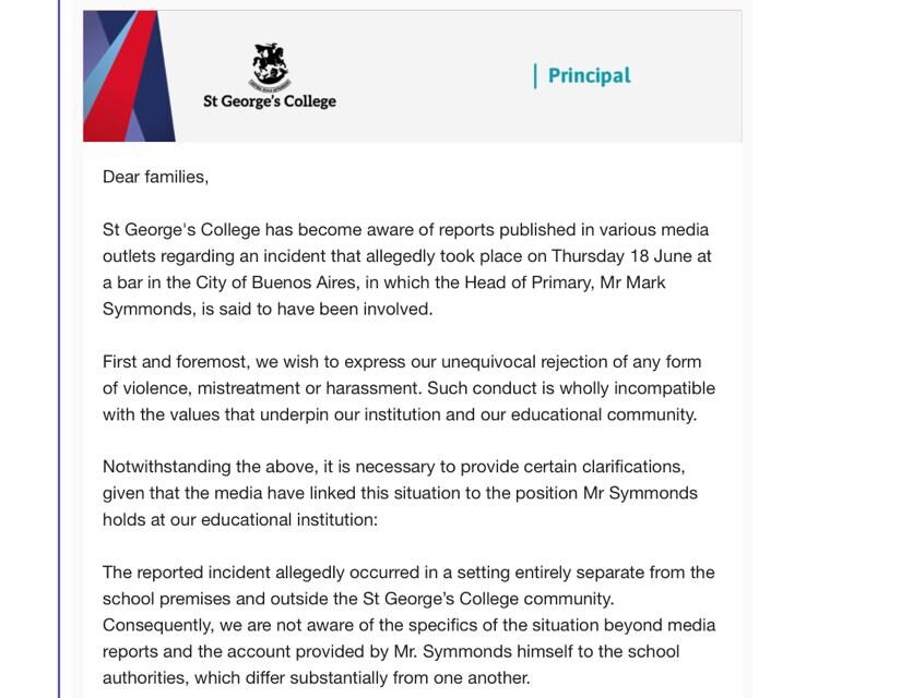 Sin comunicado ni explicaciones, el St George's envió un mail cerrado a la comunidad educativa luego de la agresión