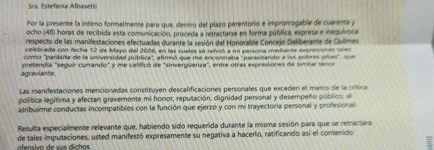 La concejal Albasetti recibió una Carta Documento en el HCD