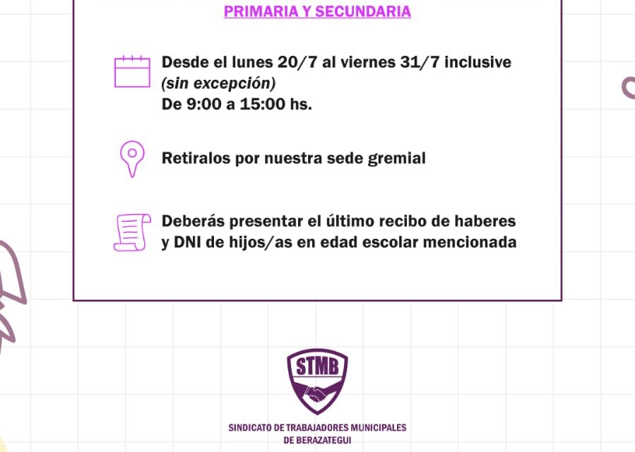 El Sindicato de Municipales de Berazategui entregará el refuerzo de kits de útiles escolares