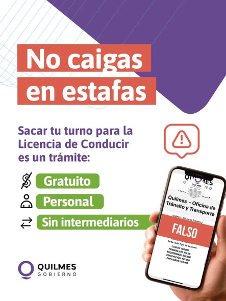 Ante algunas avivadas, la Municipalidad de Quilmes informa que sacar la Licencia de Conducir es gratuito, personal y sin intermediarios