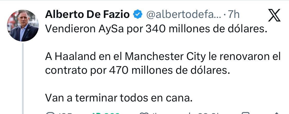 Irónicamente, De Fazio comparó la venta AySA con el pase de Haaland al Manchester City