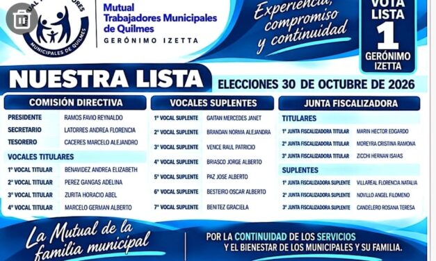 MUTUAL DE TRABAJADORES MUNICIPALES DE QUILMES: DOS LISTAS OFICIALIZADAS PARA LAS ELECCIONES DEL 30 DE OCTUBRE