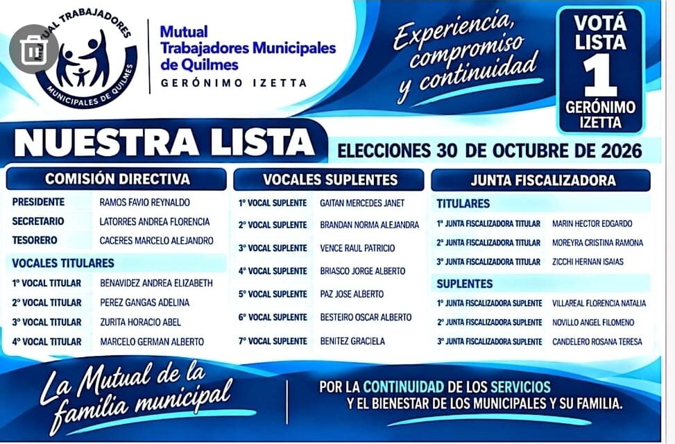 MUTUAL DE TRABAJADORES MUNICIPALES DE QUILMES: DOS LISTAS OFICIALIZADAS PARA LAS ELECCIONES DEL 30 DE OCTUBRE