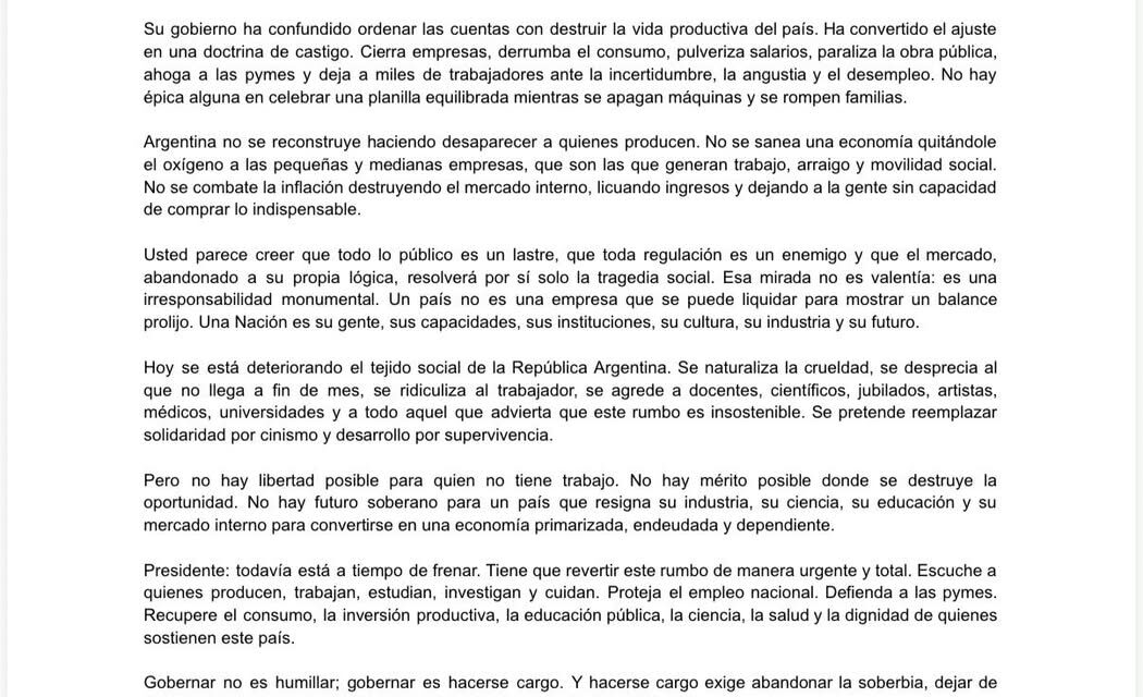 Fuerte carta abierta de un empresario pyme a Milei: "Está empujando al país hacia el abismo"